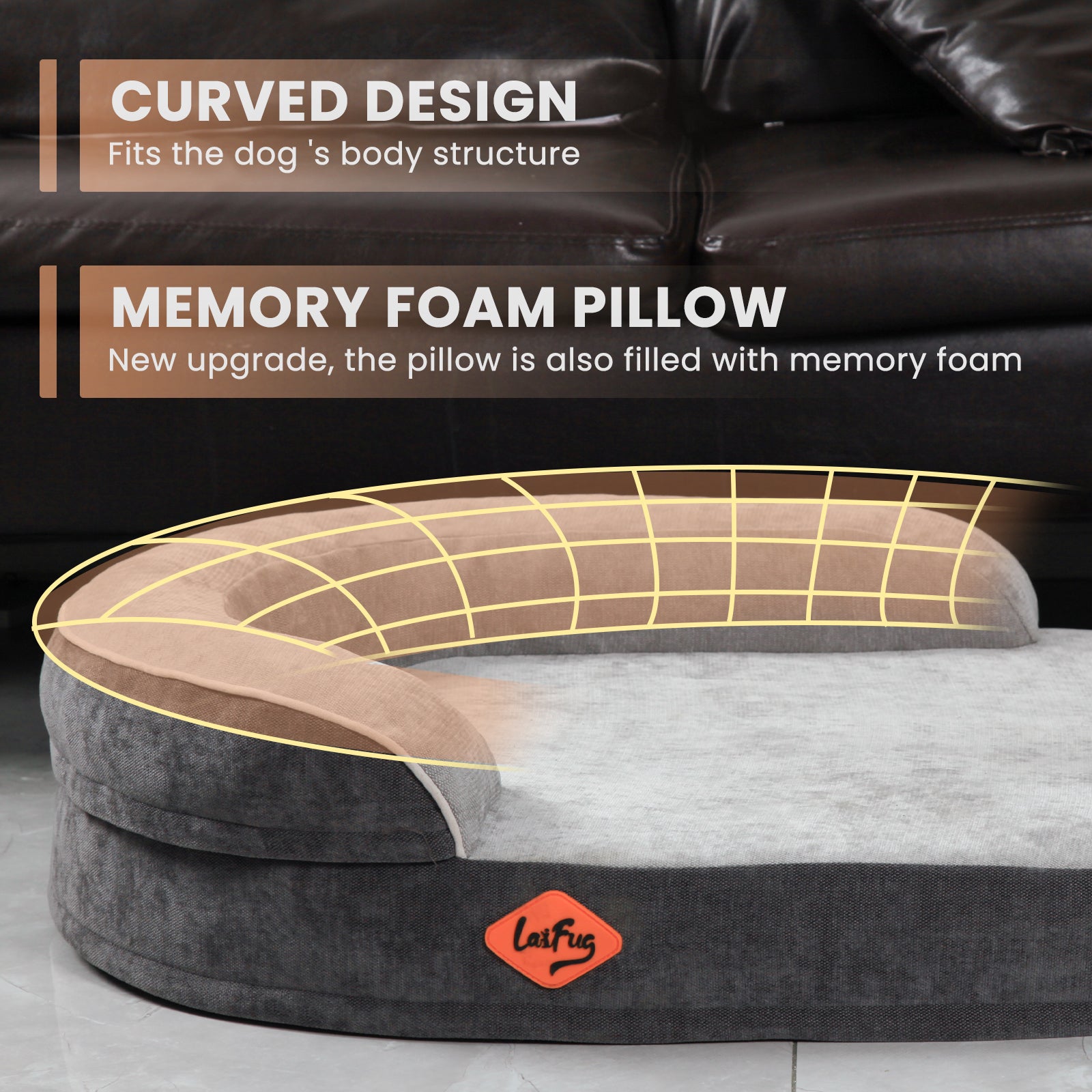 LaiFug Orthopedic Memory Foam Oval Dog Bed – Curved Bolster Support