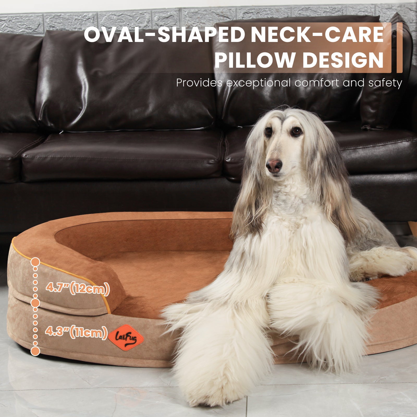 LaiFug Orthopedic Memory Foam Oval Dog Bed – Curved Bolster Support